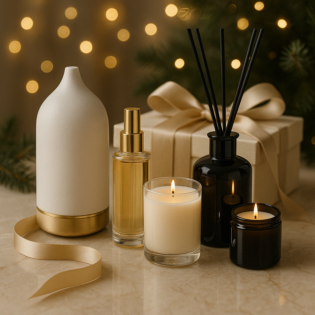 Luxury home fragrance gift set with ceramic diffuser, reed diffuser, candles and room spray on marble with satin ribbon.