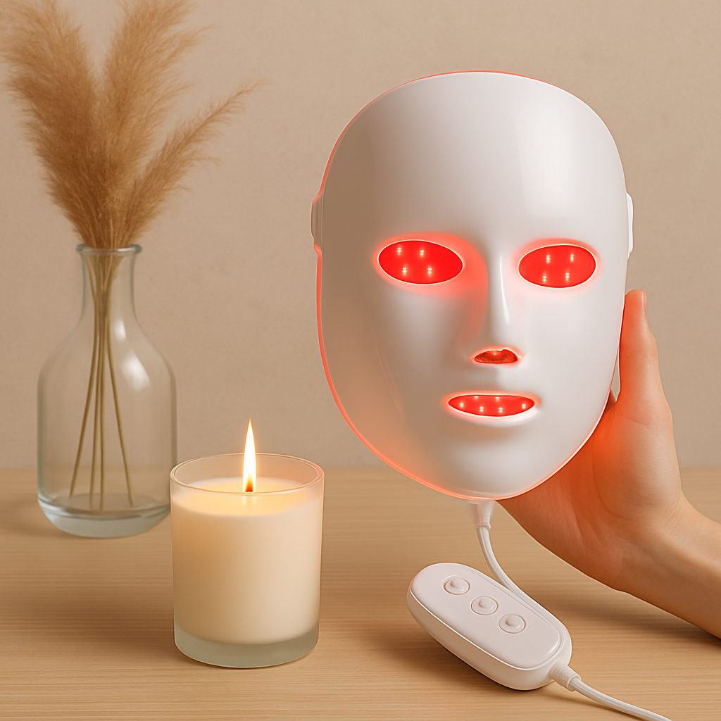 Minimalist aesthetic photo of red light therapy LED face mask glowing on wooden table with candle and pampas grass, modern skincare at-home device