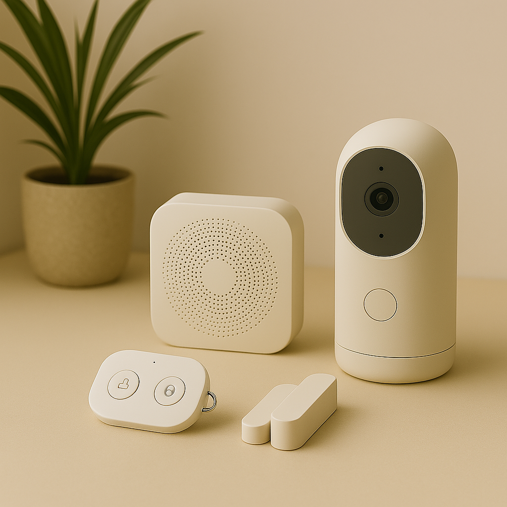 Modern smart home security devices including AI surveillance camera, smart door lock, motion sensor, and wireless alarm in minimalist beige design