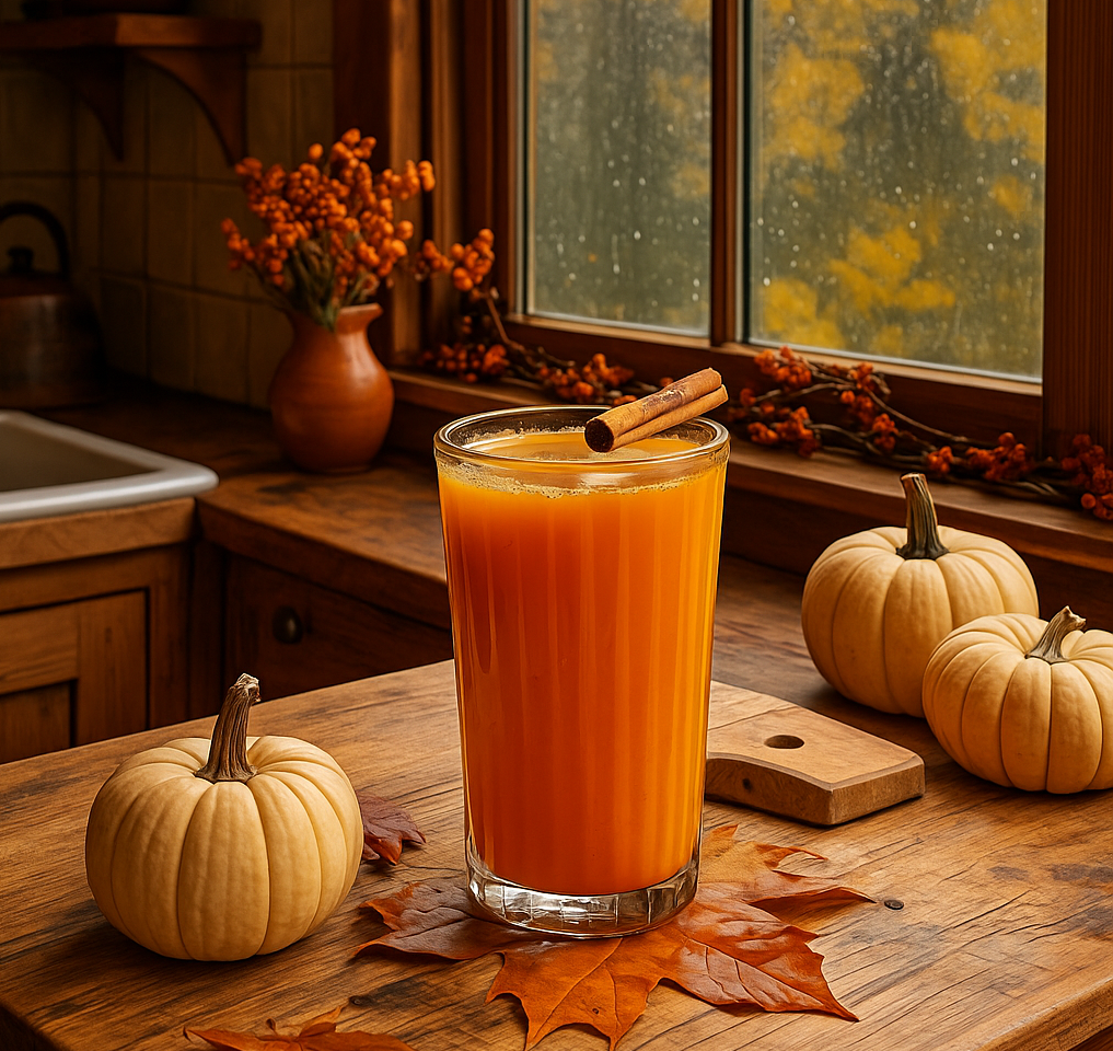A rustic wooden kitchen decorated with mini pumpkins and fall leaves, featuring a glass of pumpkin juice with cinnamon stick by a window on a rainy autumn day.