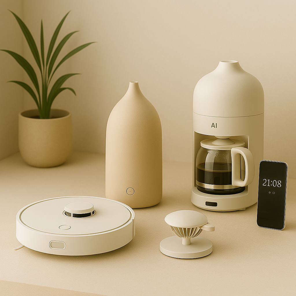 Top smart home gadgets for 2025 including robot vacuum, smart diffuser, lamp, fan, and smart plug arranged in a modern minimalist setting