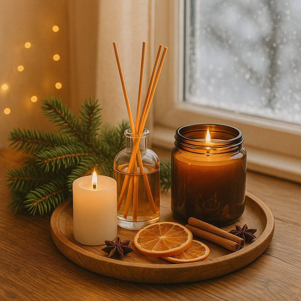 Warm winter scene with reed diffuser, lit candles, dried oranges and cinnamon on a wooden tray by a snowy window.