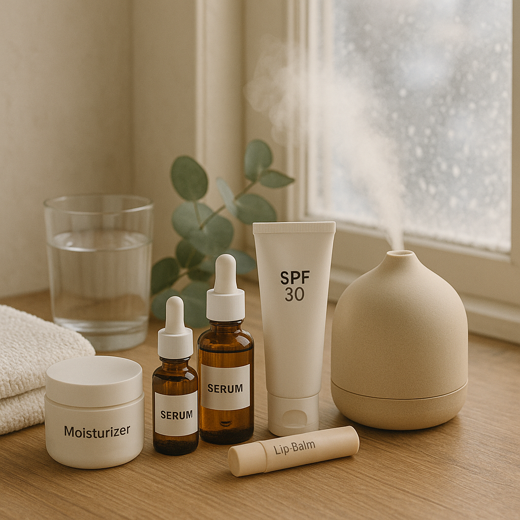 Winter skincare essentials: moisturizer, serums, SPF 30 and lip balm with a humidifier by a frosted window.