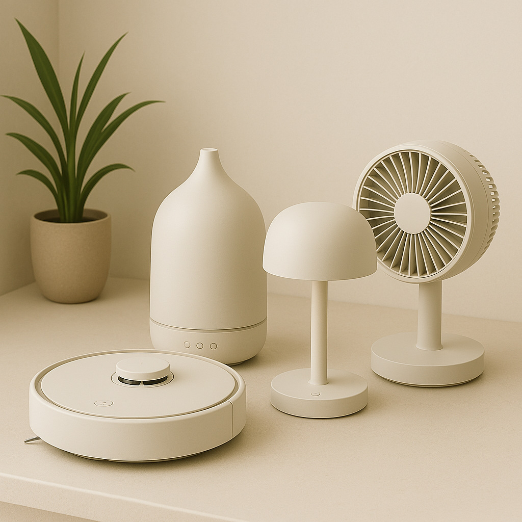 Collection of smart home gadgets including diffuser, lamp, fan, and robot vacuum.