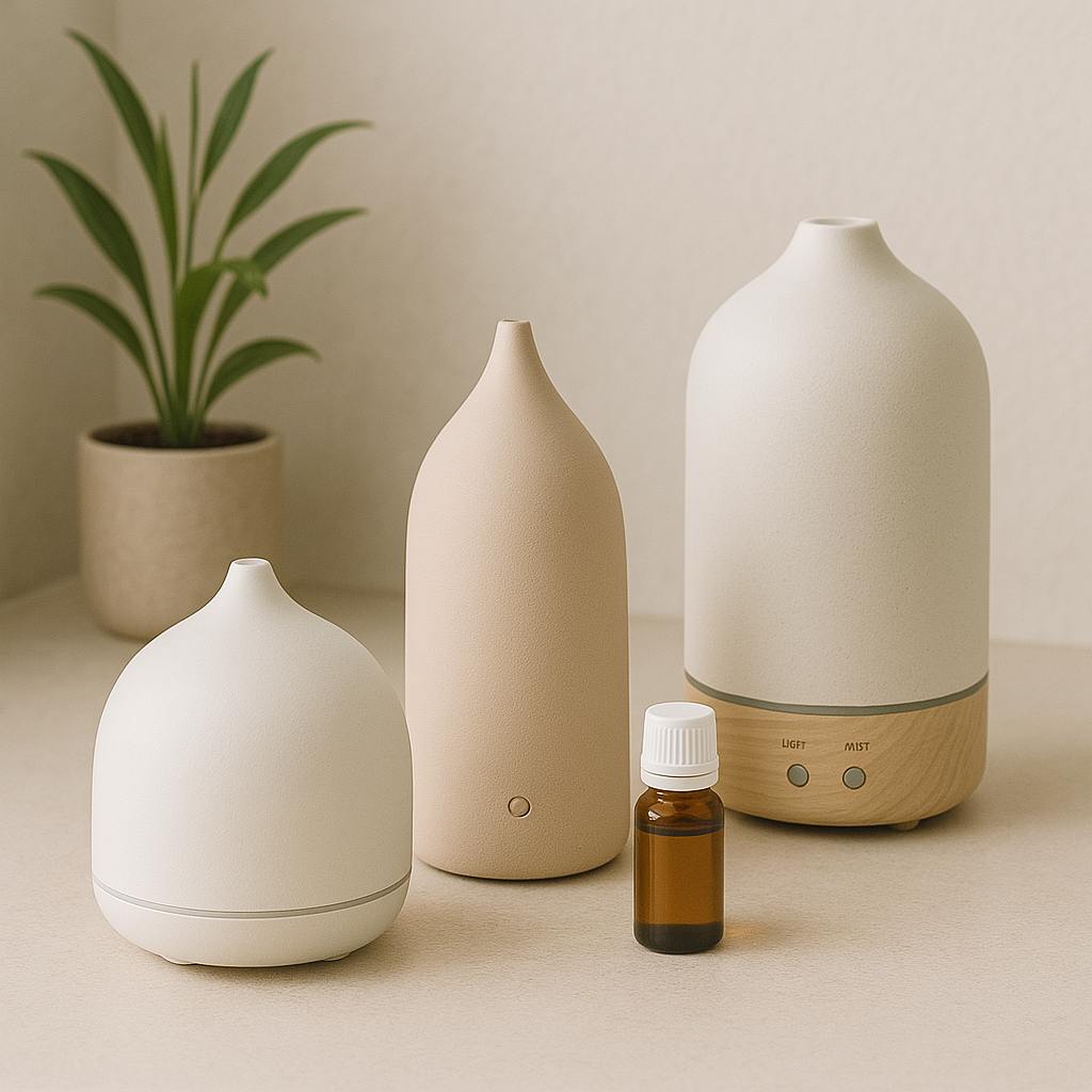 Minimalist ceramic aroma diffusers with essential oil bottle on neutral background.