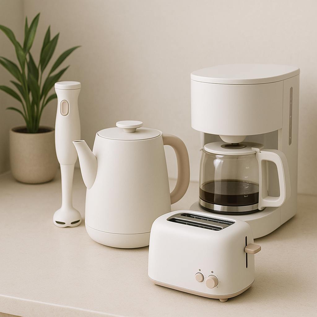 Stylish modern kitchen appliances including blender, kettle, toaster, and coffee machine.