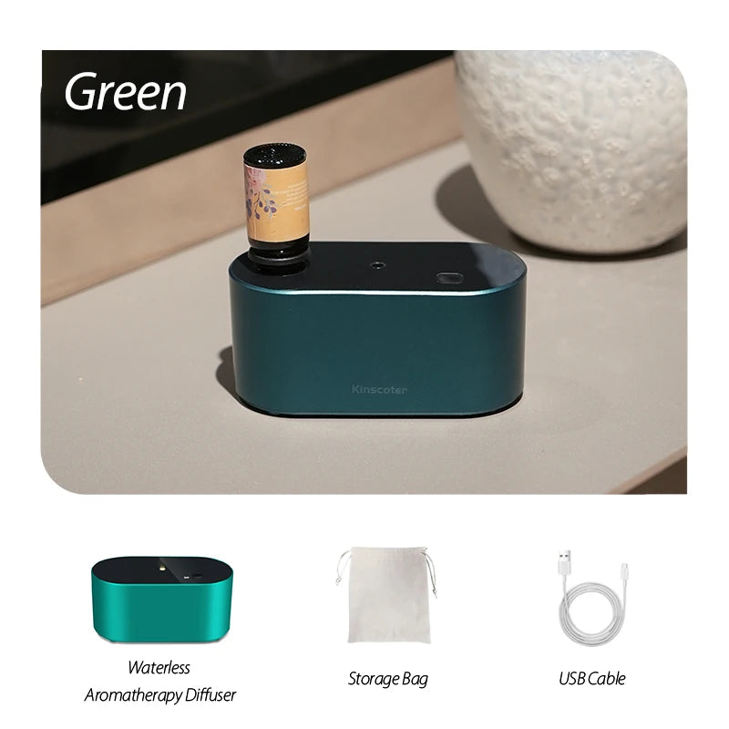 Green KINSCOTER waterless aroma diffuser with essential oil bottle, highlighting 270 sq.ft coverage and 12-hour battery life.
