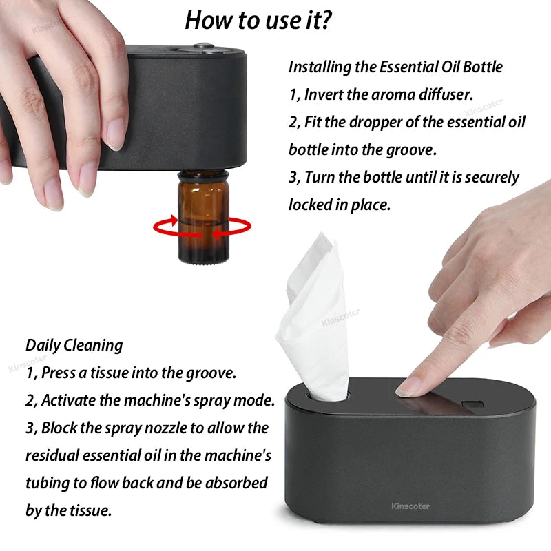 Black KINSCOTER waterless aroma diffuser with instructions for installing essential oil bottle and daily cleaning steps.