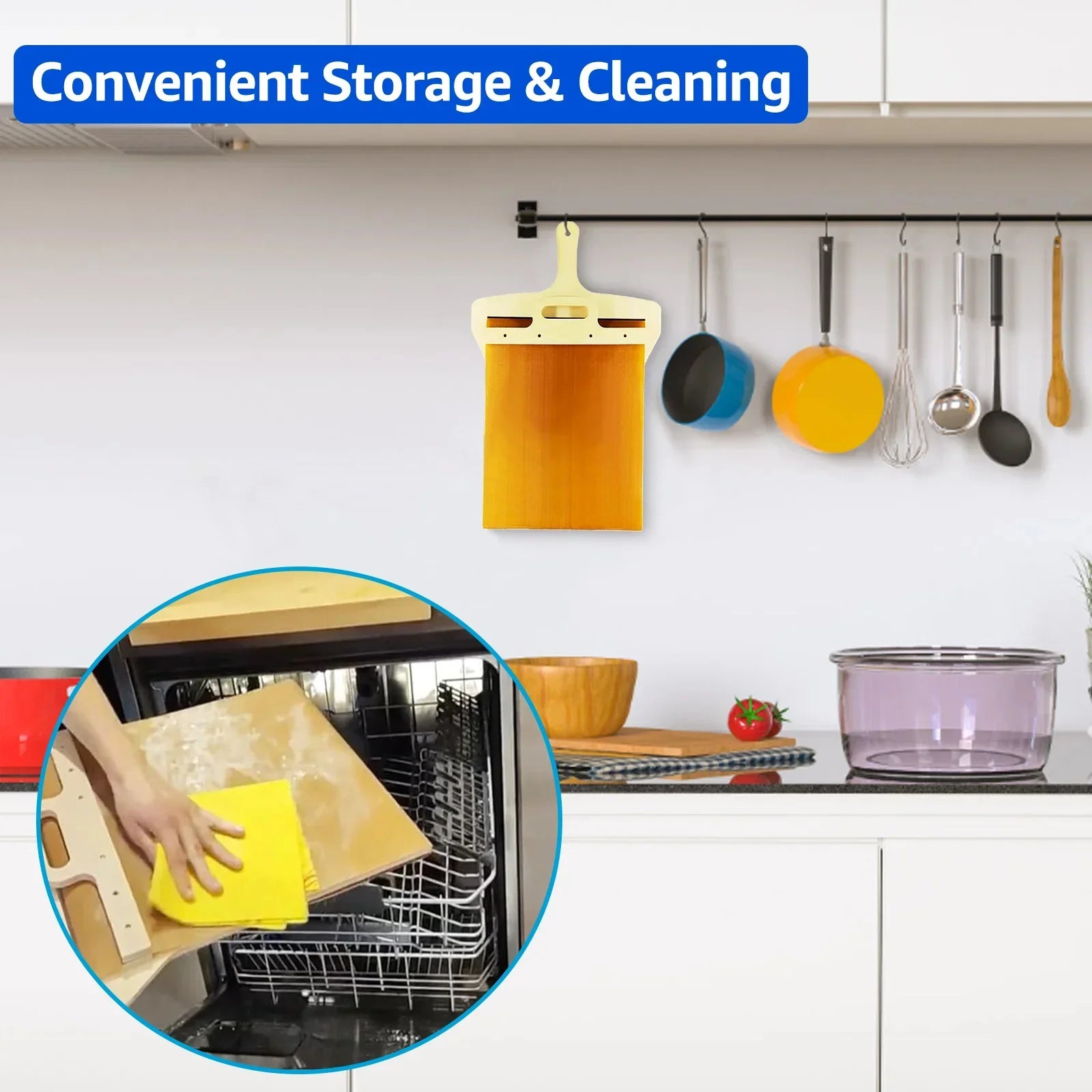 Sliding Pizza Peel hanging in a kitchen with utensils, being wiped clean, showcasing convenient storage and easy cleaning.