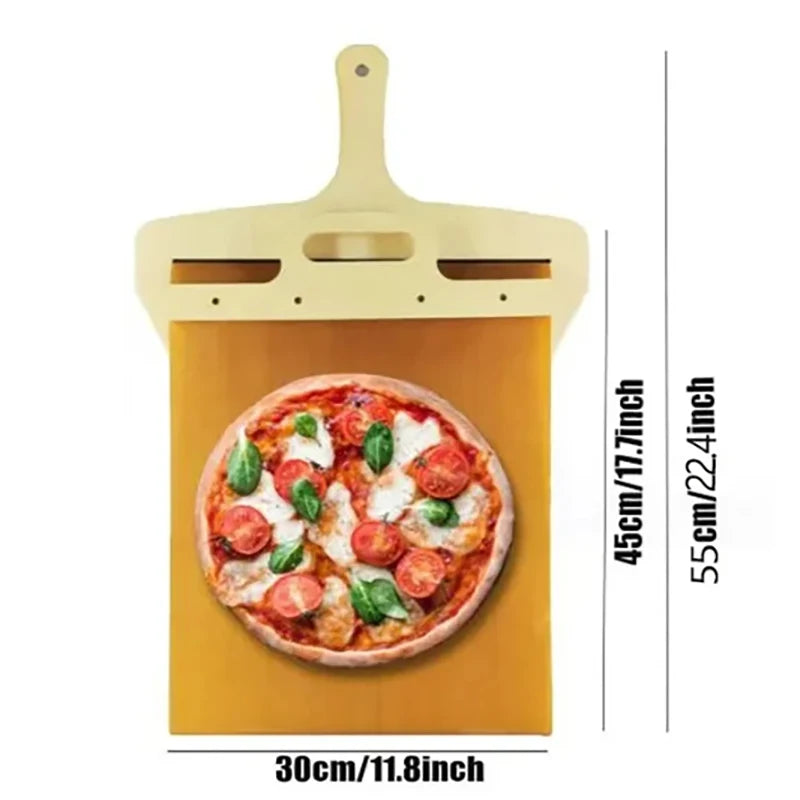Sliding Pizza Peel with a Margherita pizza, showing dimensions 55cm x 30cm (17.8 x 11.8 inches), ideal for pizza transfers.