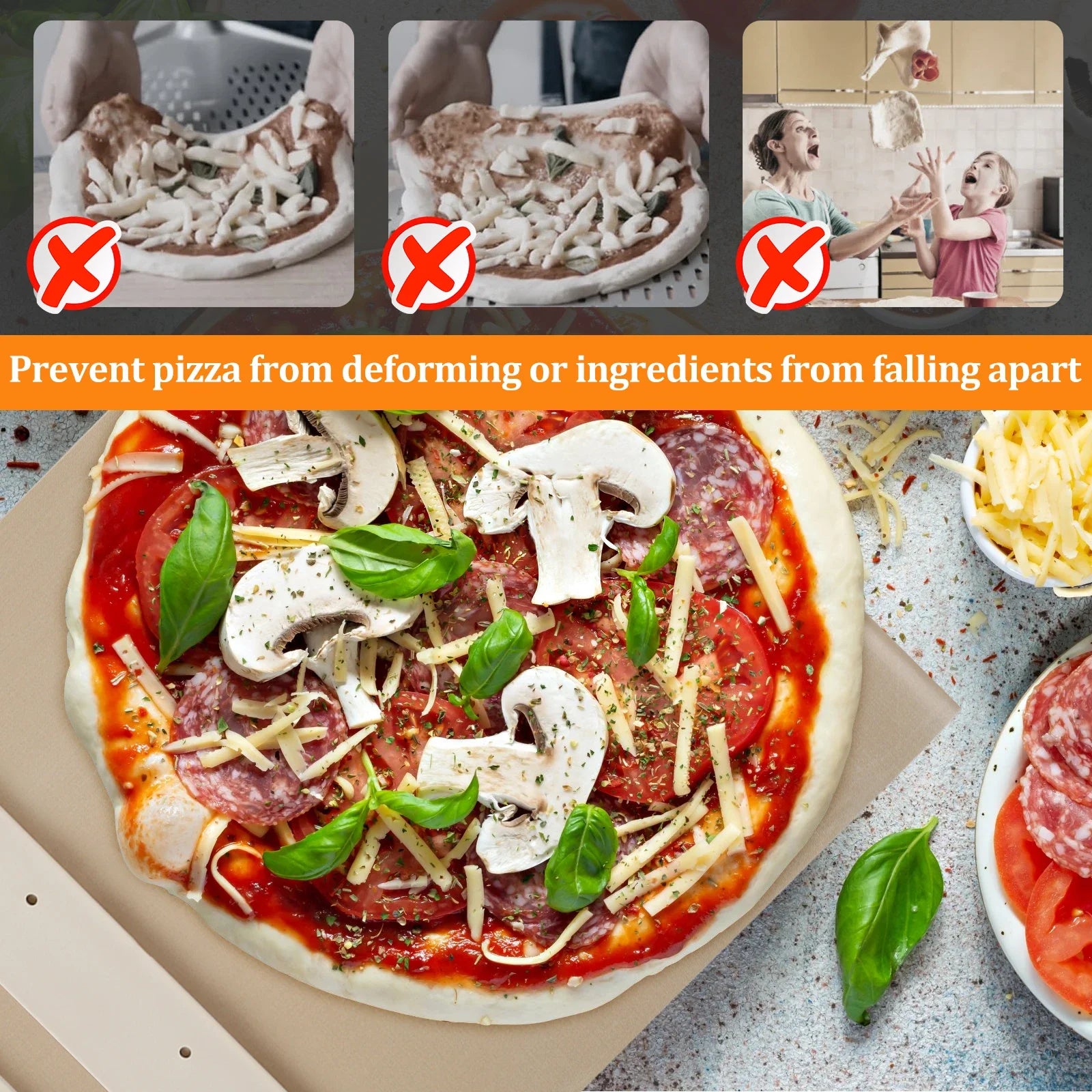 Sliding Pizza Peel preventing pizza deformation, shown with a pizza, ingredients, and scenarios of dough sticking or falling apart.