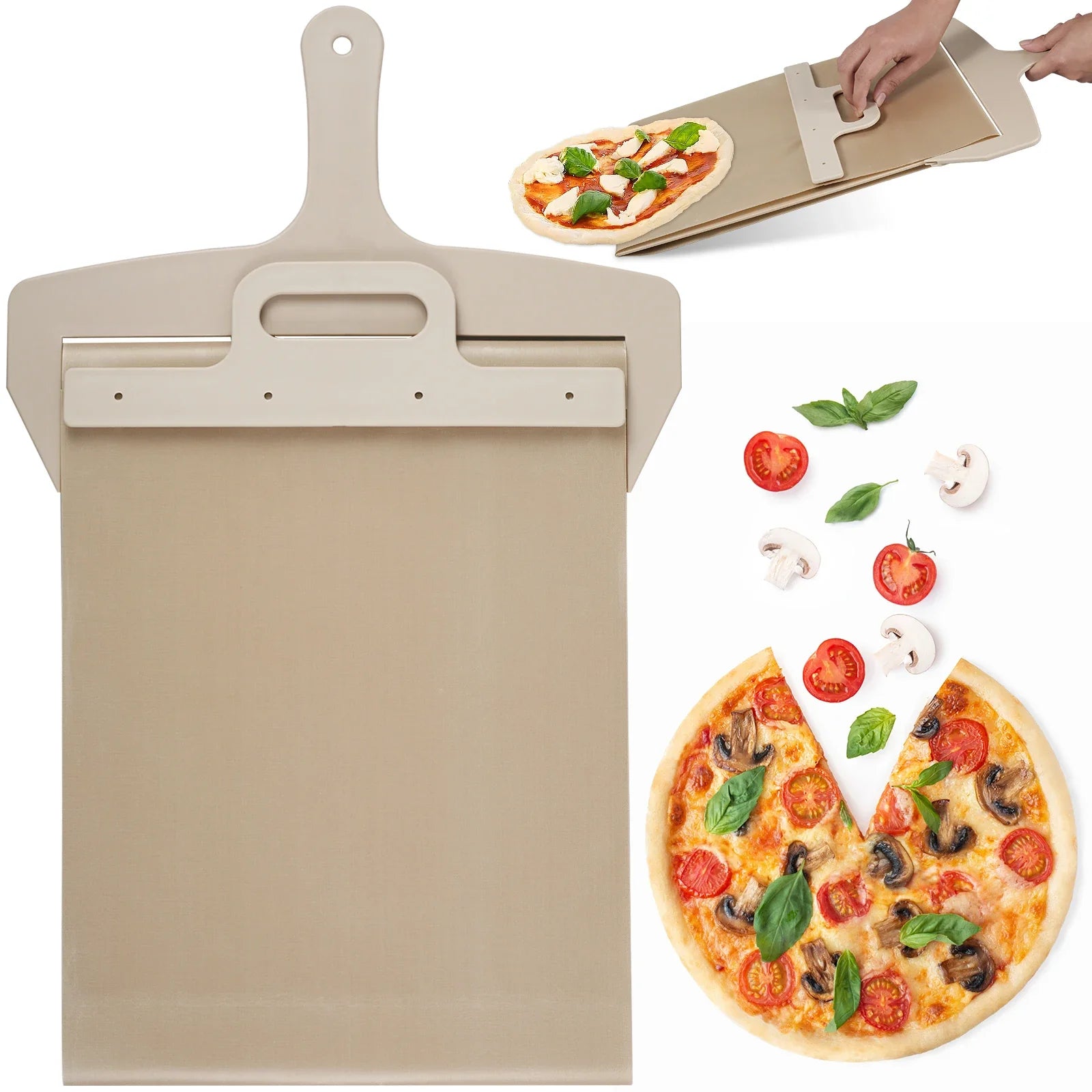 Sliding Pizza Peel with a pepperoni pizza, perfect for transferring pizzas without deforming, shown with pizza ingredients.