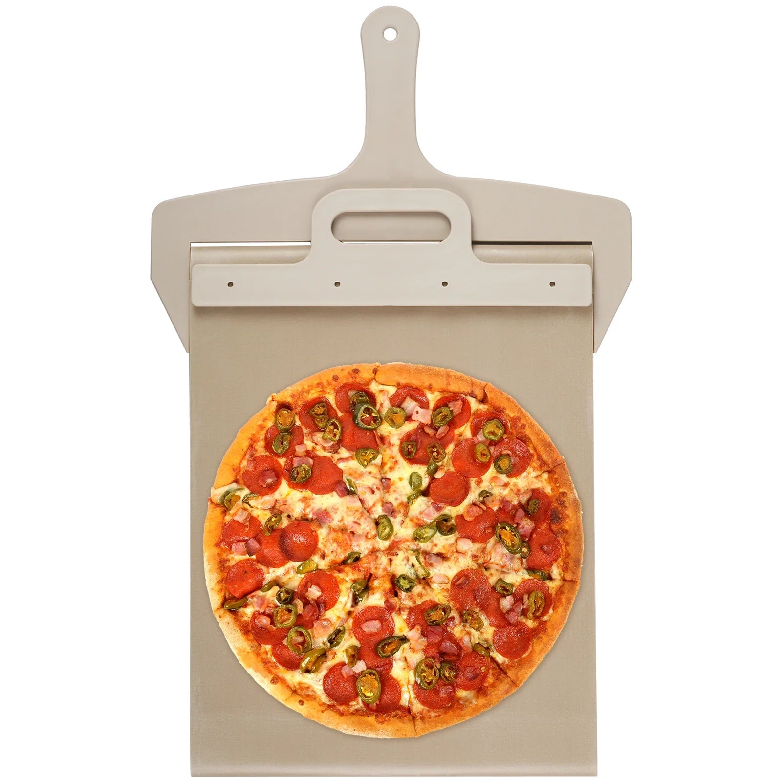 Sliding Pizza Peel with a pizza topped with basil, mushrooms, and tomatoes, surrounded by ingredients for a perfect transfer.