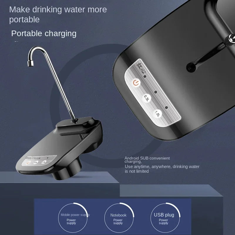 Black Water Bottle Pump Dispenser with USB charging, Android SUB convenient, compatible with mobile power, notebook, and USB plug.