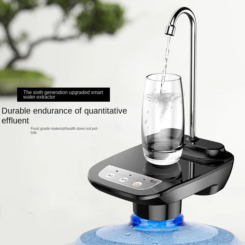 Black Water Bottle Pump Dispenser on a 5-gallon jug, pouring water into a glass, with durable quantitative effluent and food-grade materials.