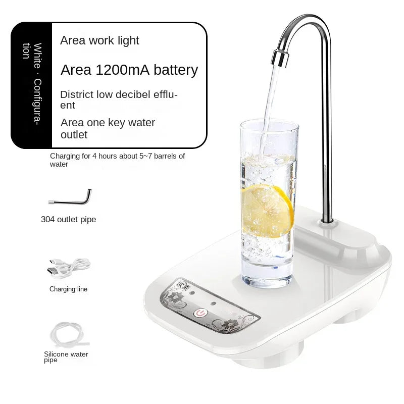 White Water Bottle Pump Dispenser pouring water into a glass with lemon, includes 304 outlet pipe, charging line, and silicone pipe.