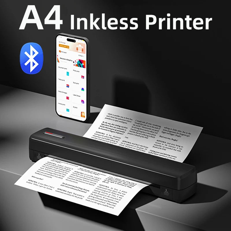 Portable A4 inkless printer printing documents via Bluetooth connection
