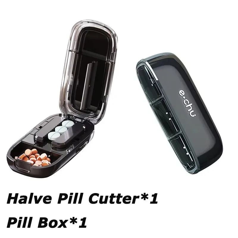 Black Adjustable Pill Cutter by e.chu, labeled as Quartering Pill Cutter, open with pills in compartments, shown with a closed unit.