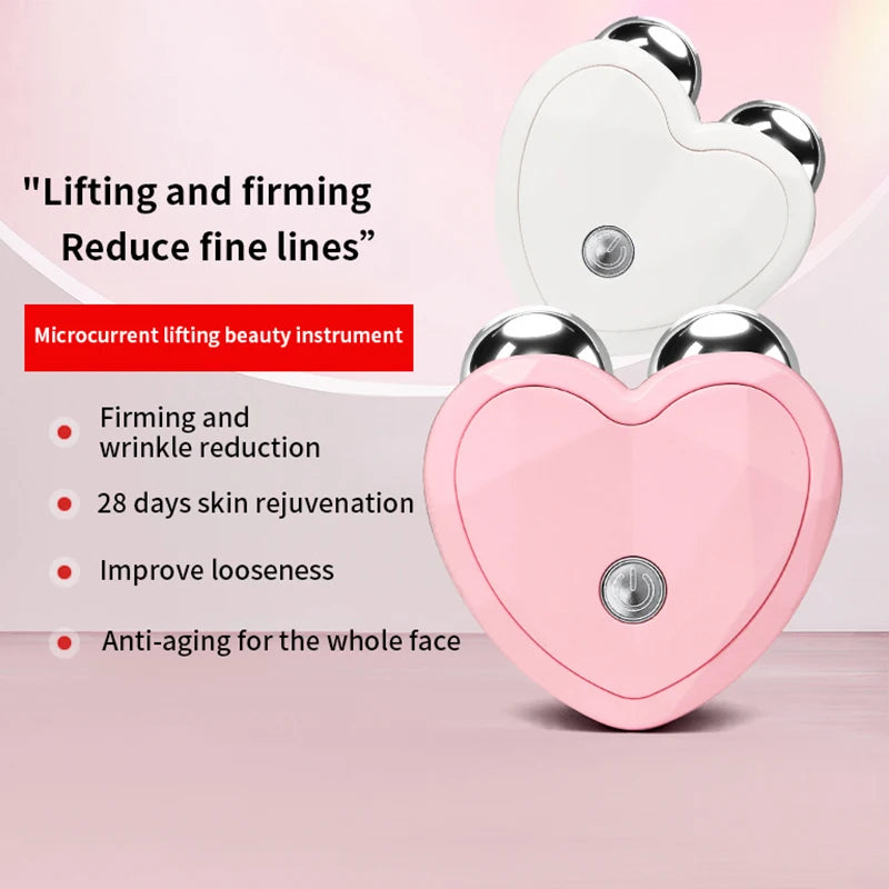 Promotional image of pink and white microcurrent lifting device for anti-aging