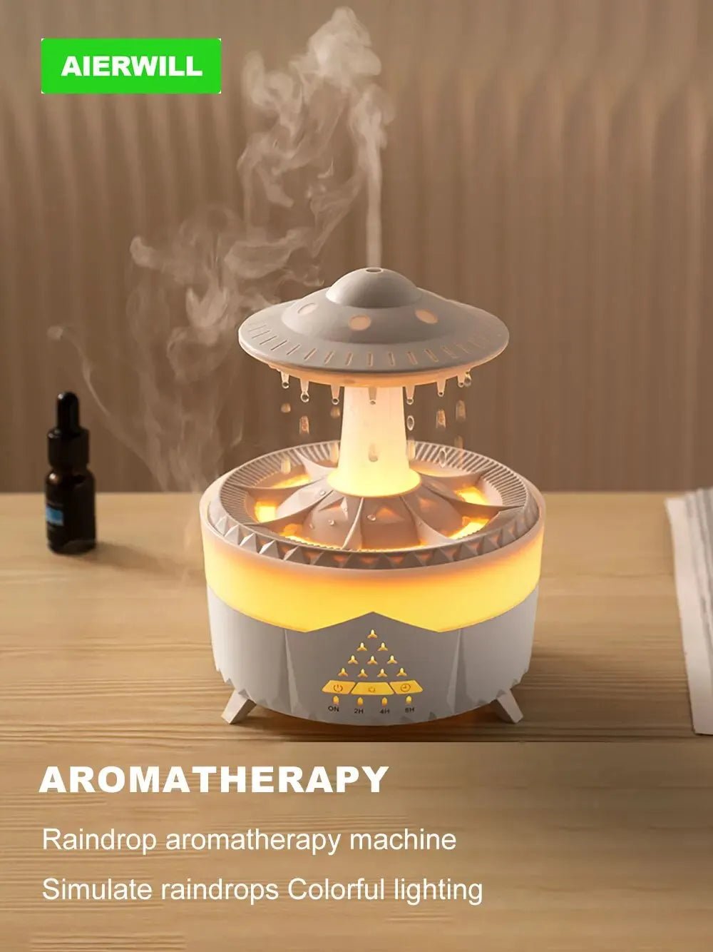Aromatherapy machine with colorful lighting on a wooden surface, featuring the brand 'AIERWILL'.
