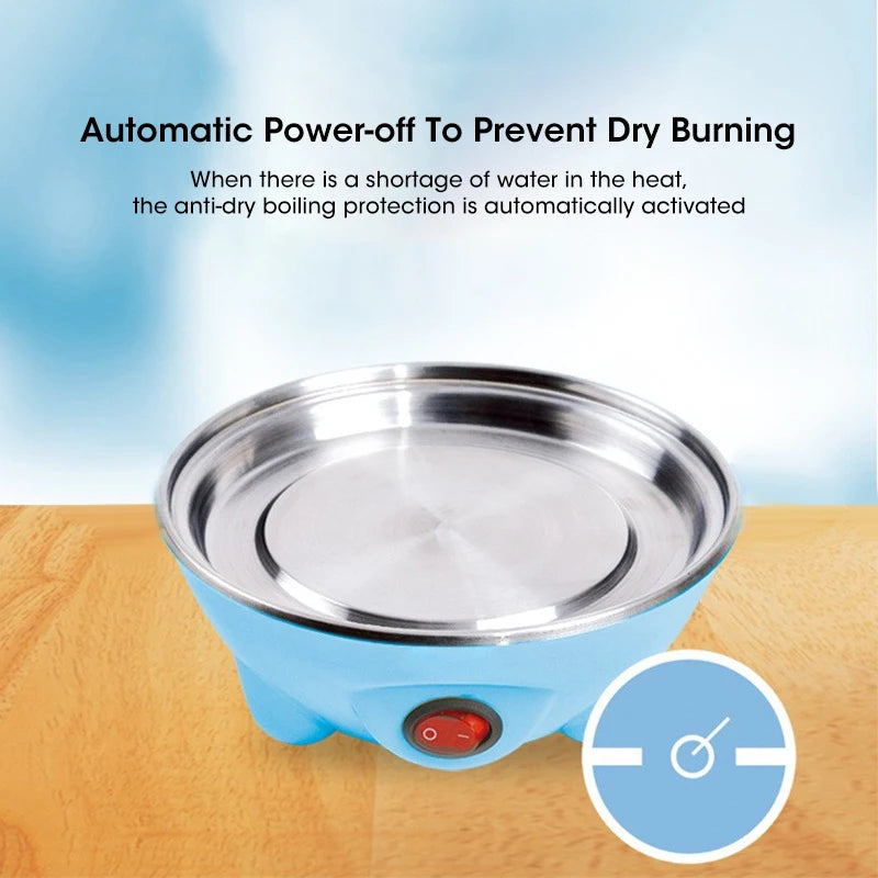 Small electric heating element with a blue base on a wooden surface, featuring text about anti-dry boiling protection.