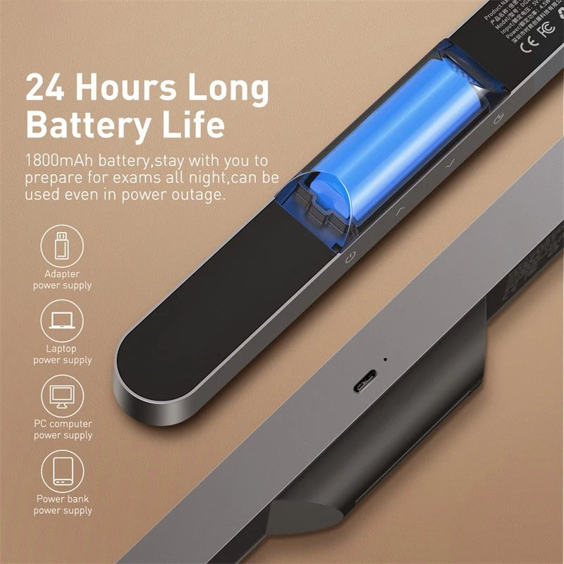 Close-up of Baseus LED table lamp showing 1800mAh battery and multiple power supply options