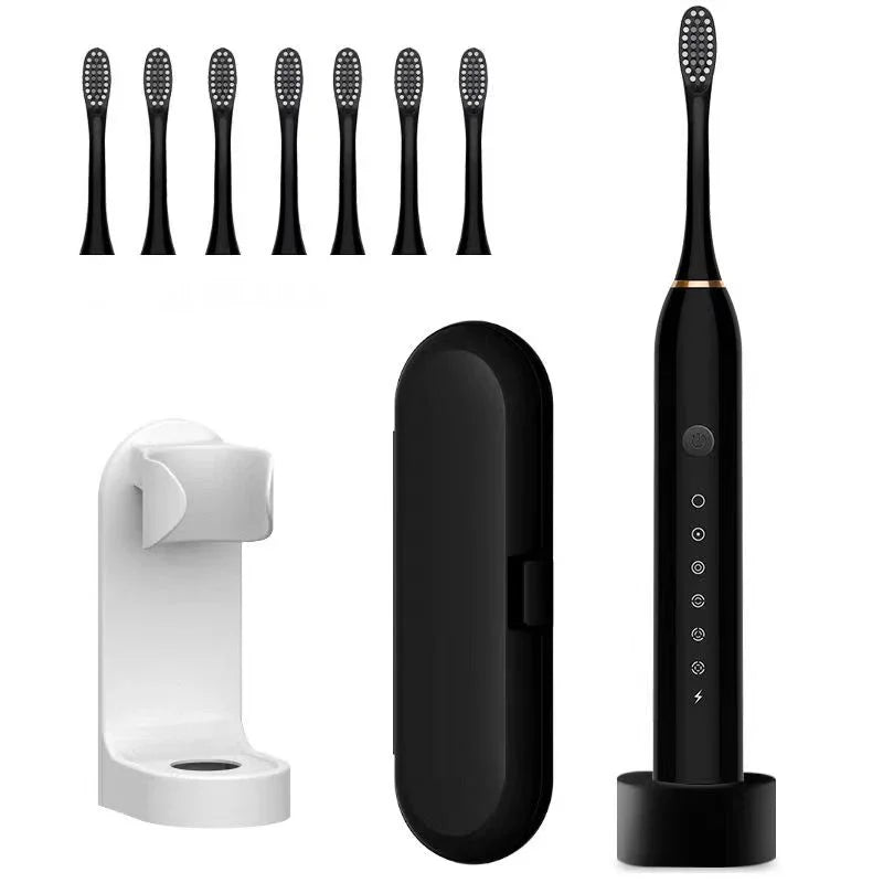 Black electric toothbrush with six brush heads, travel case, and wall mount
