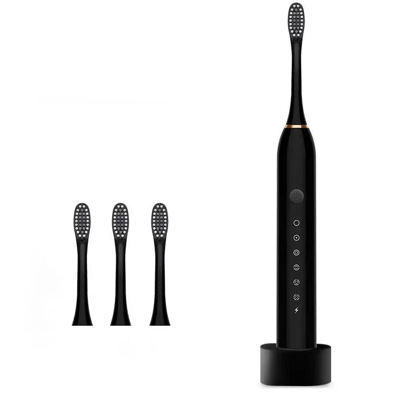 Black electric toothbrush with three brush heads and charging base