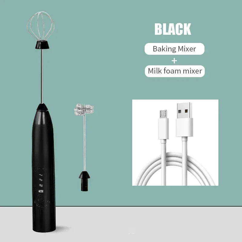 Black USB rechargeable milk frother and baking mixer with accessories