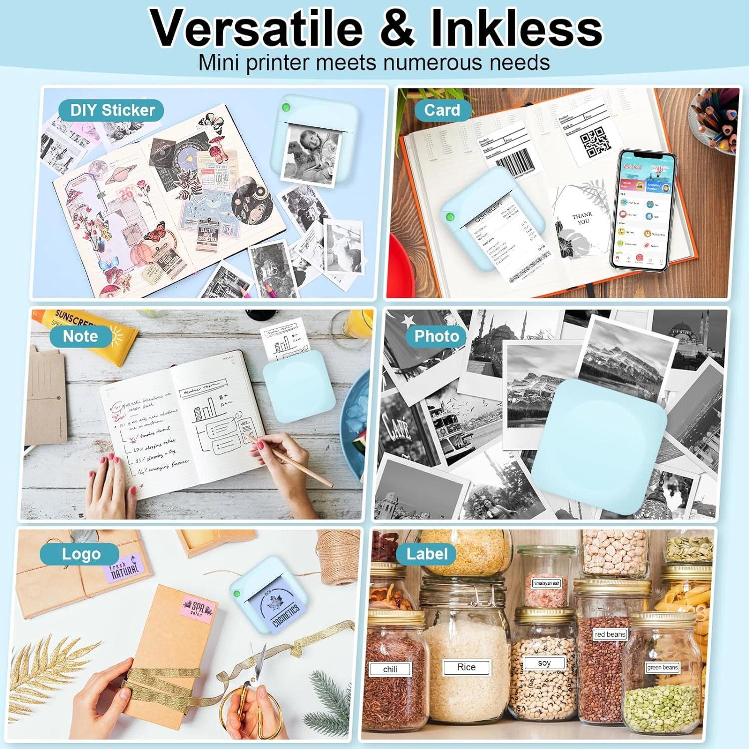 Collage of a mini printer being used for various tasks including stickers, cards, notes, photos, and labels.