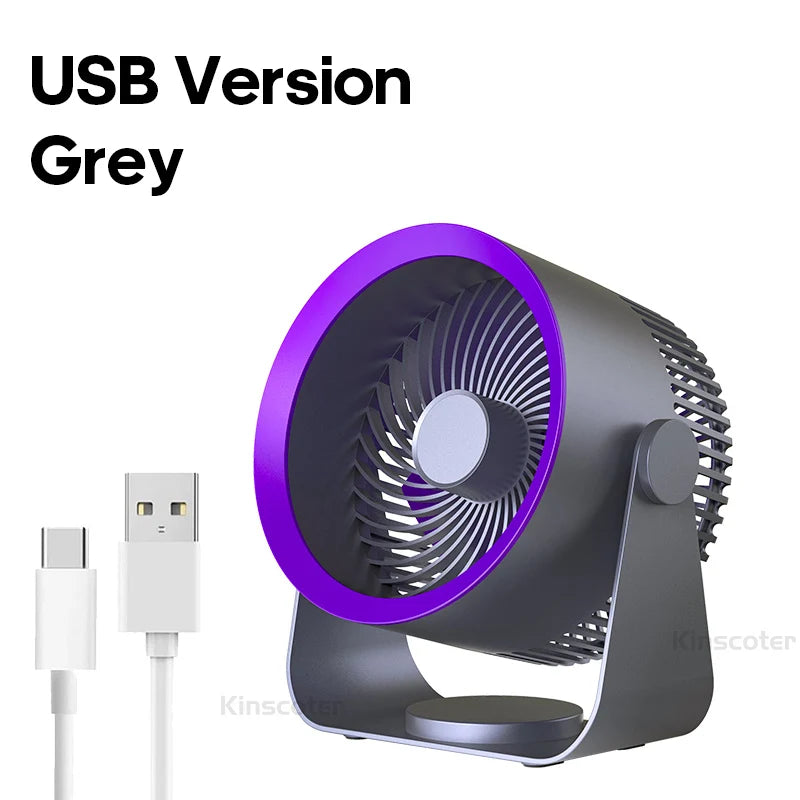 Grey Kinscoter USB desktop fan with charging cable – stylish and powerful design.

