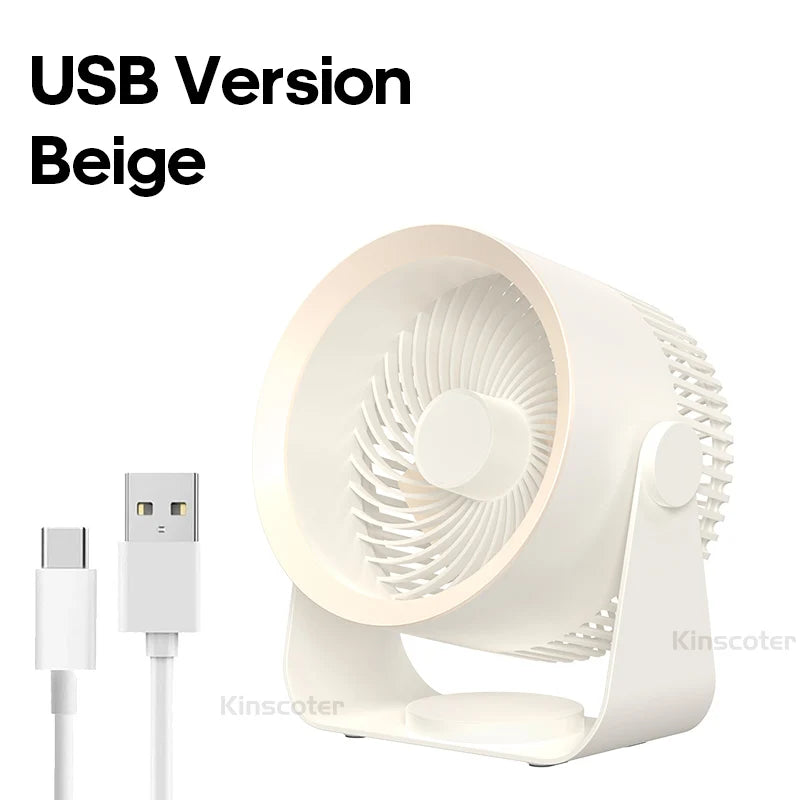 Beige Kinscoter USB desktop fan with charging cable – stylish and powerful design.

