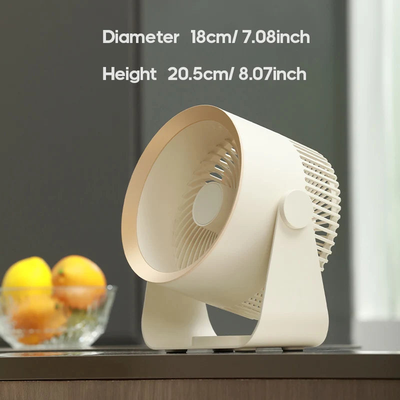 Beige desk fan showing product size – 18cm diameter and 20.5cm height.