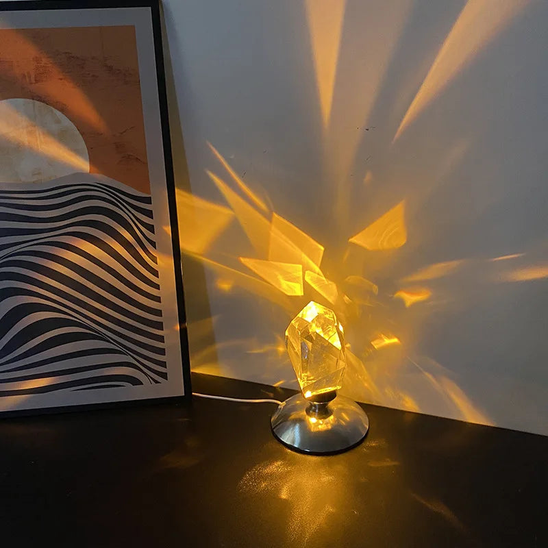Crystal lamp glowing near laptop and books – perfect for desk or shelf lighting