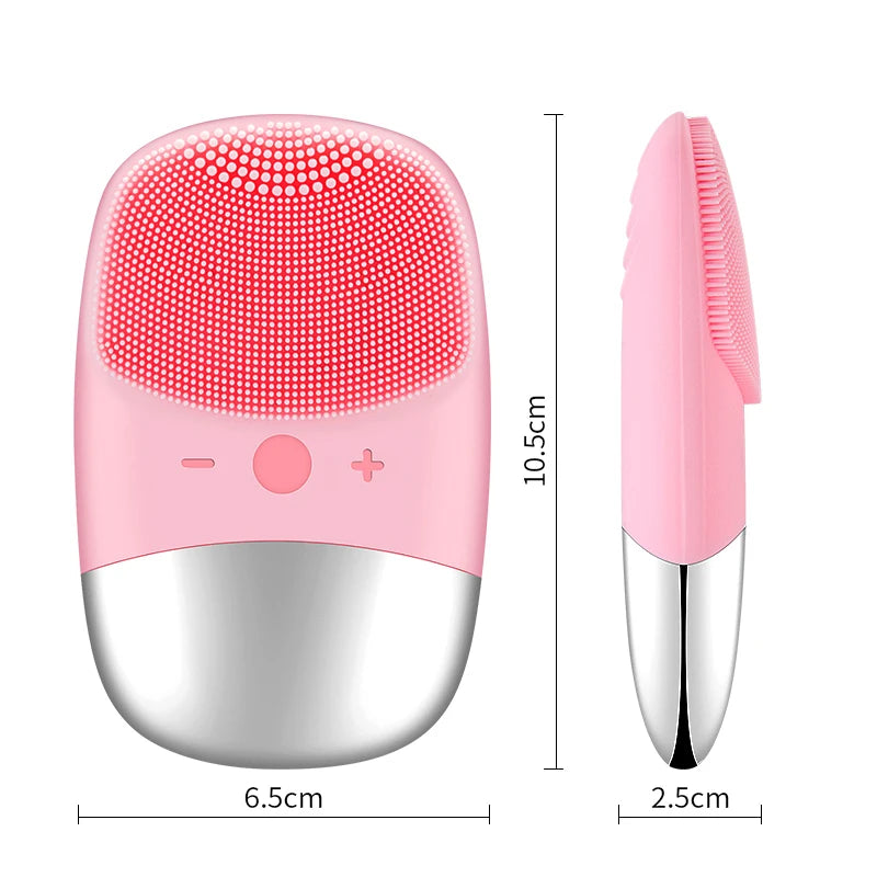 Size dimensions of pink silicone electric facial brush shown from front and side