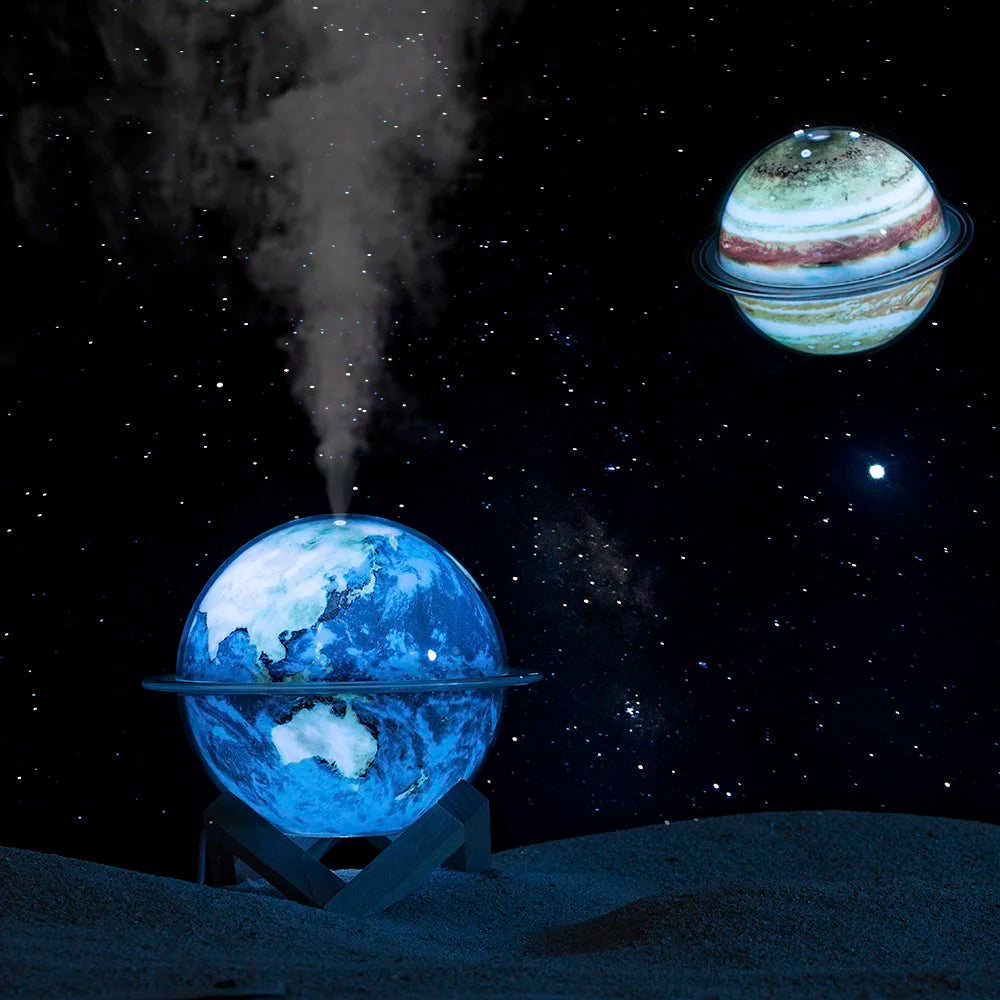 Earth and Jupiter planet air diffusers under starry night sky with mist
