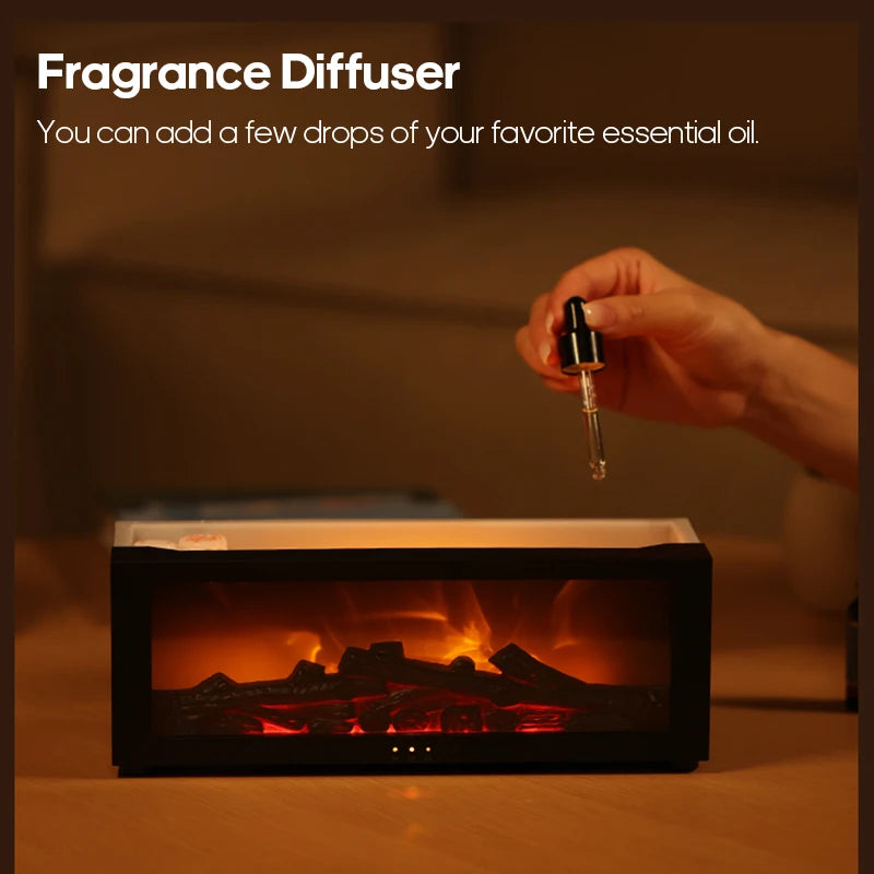 Hand adding essential oil to LED fireplace diffuser for aromatherapy