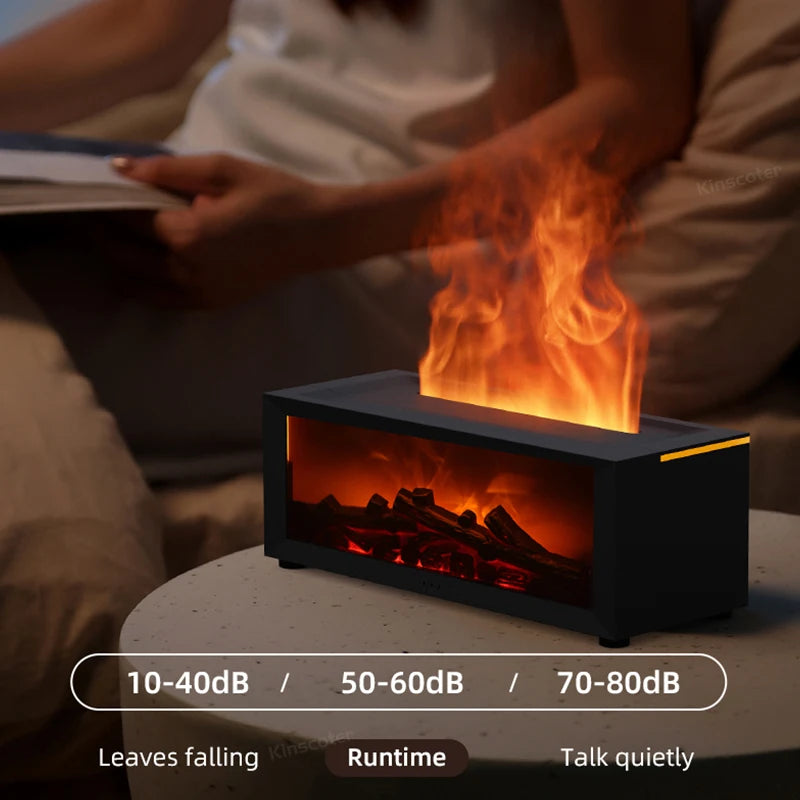  LED fireplace diffuser showing runtime and ultra-quiet operation in cozy setup
