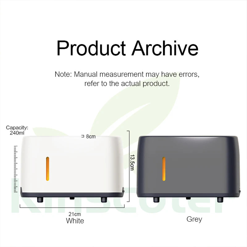 Product dimensions of 240ml flame humidifier in white and grey color options