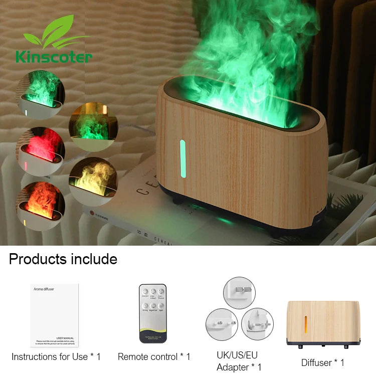 Wood grain Kinscoter flame humidifier with multicolor mist and full kit shown