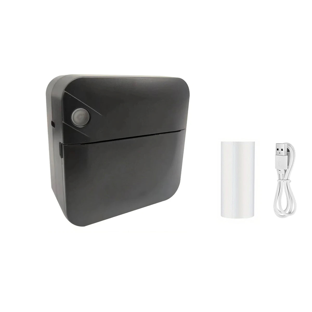 Black electronic device with a white cylindrical container and cable on a white background