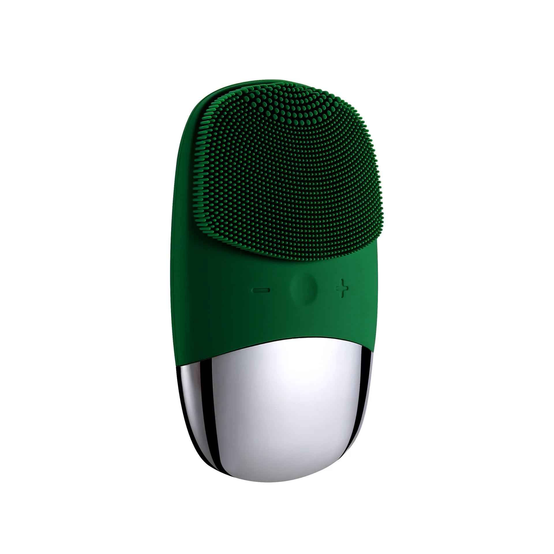 Green silicone facial cleansing brush with stainless steel bottom for deep pore cleaning