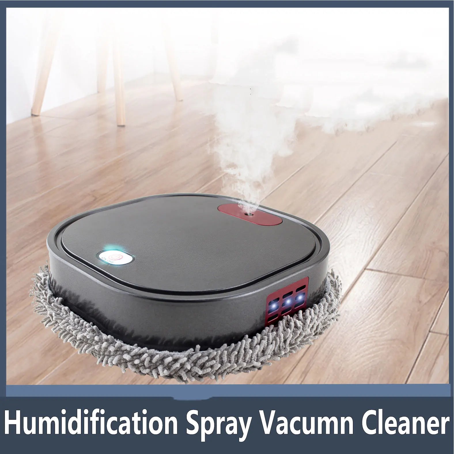 Humidification spray vacuum cleaner on a wooden floor with steam rising.
