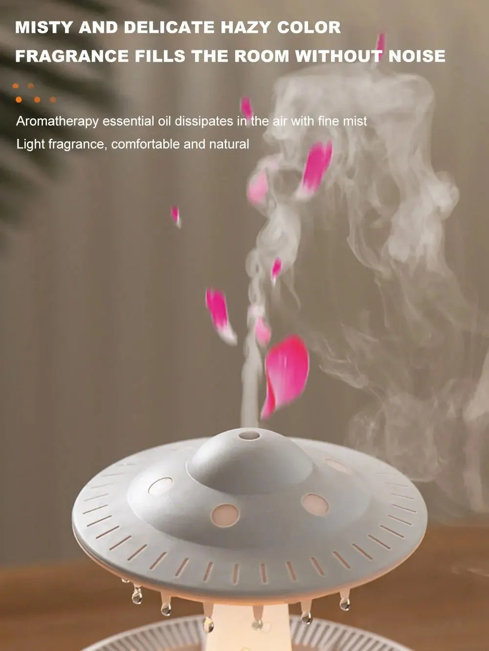 Aromatherapy diffuser emitting mist with pink petals, set against a neutral background.