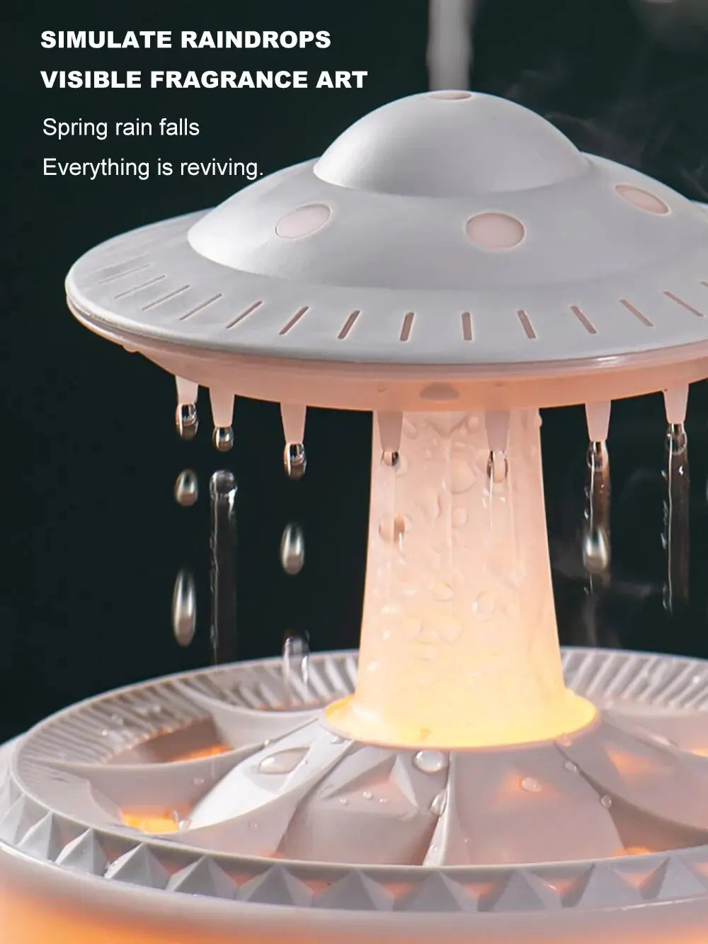 Decorative lamp with raindrop simulation feature on a dark background