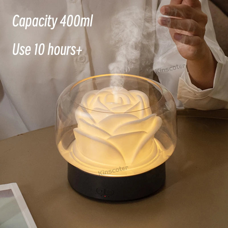 KINSCOTER 400ml diffuser emitting steam, showcasing long runtime for relaxation