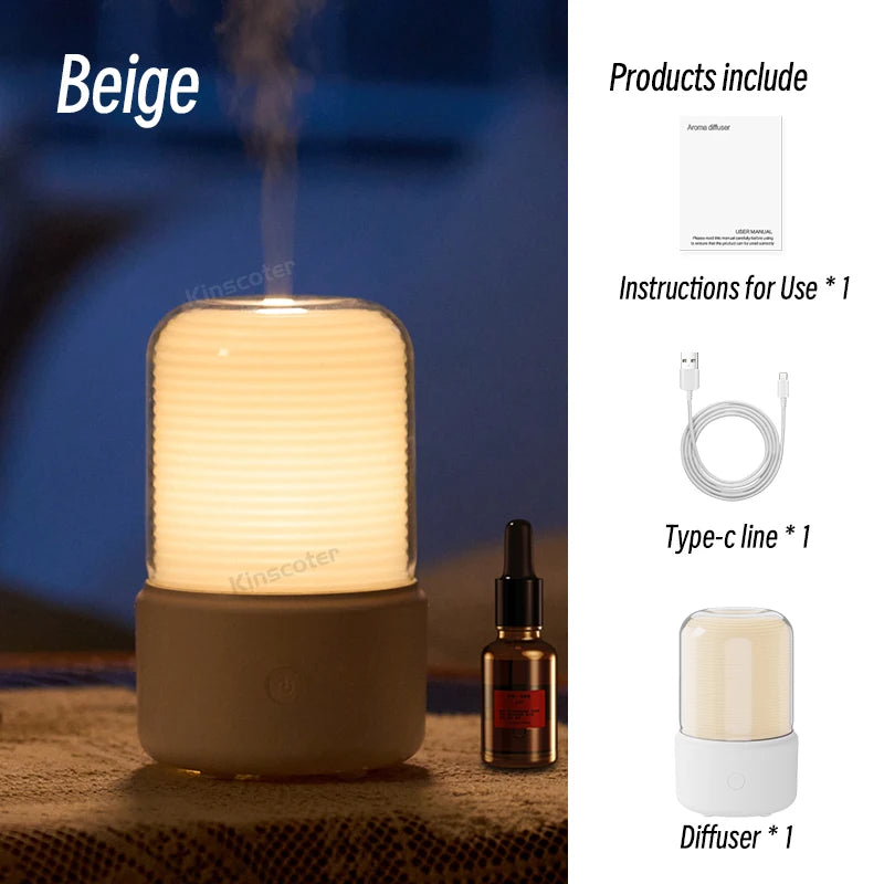 Beige LED diffuser with mist and warm light, perfect for bedtime atmosphere.

