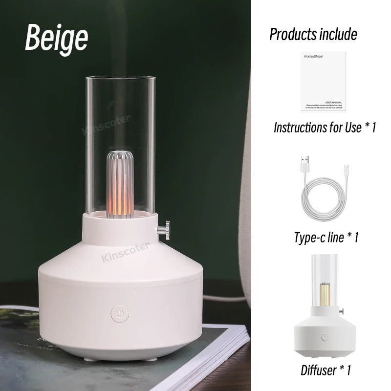 Beige aroma diffuser with glass tube and included accessories.