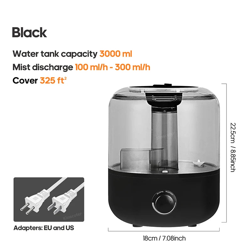 Black 3000ml humidifier with mist discharge up to 300ml/h