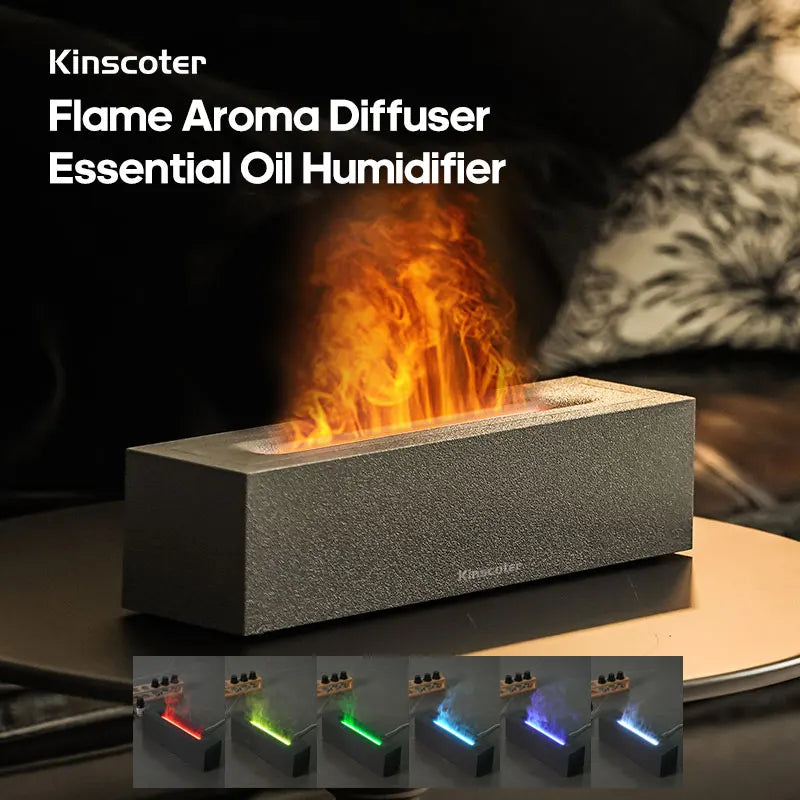Close-up of KINSCOTER dark grey diffuser with realistic flame mist